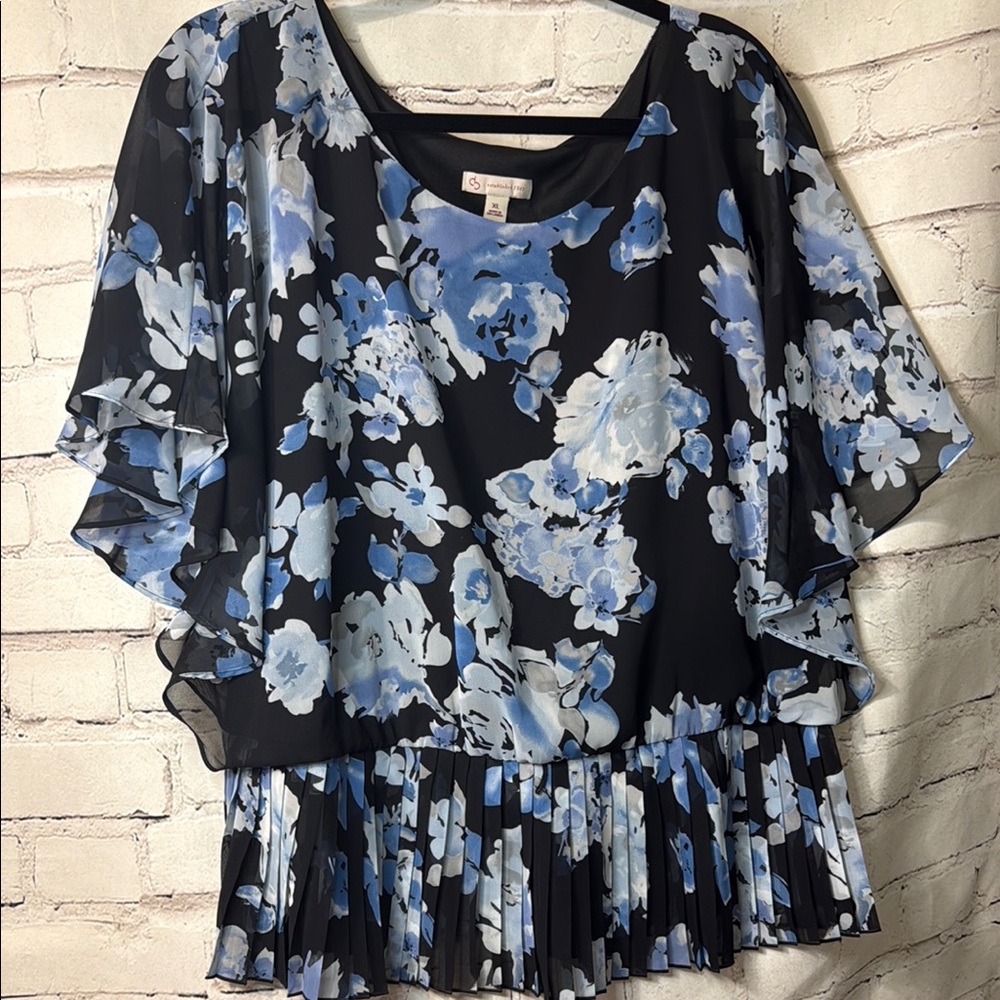 S.L. Fashions Blue Gray Ruffled Pleated Blouse - Picture 1 of 2